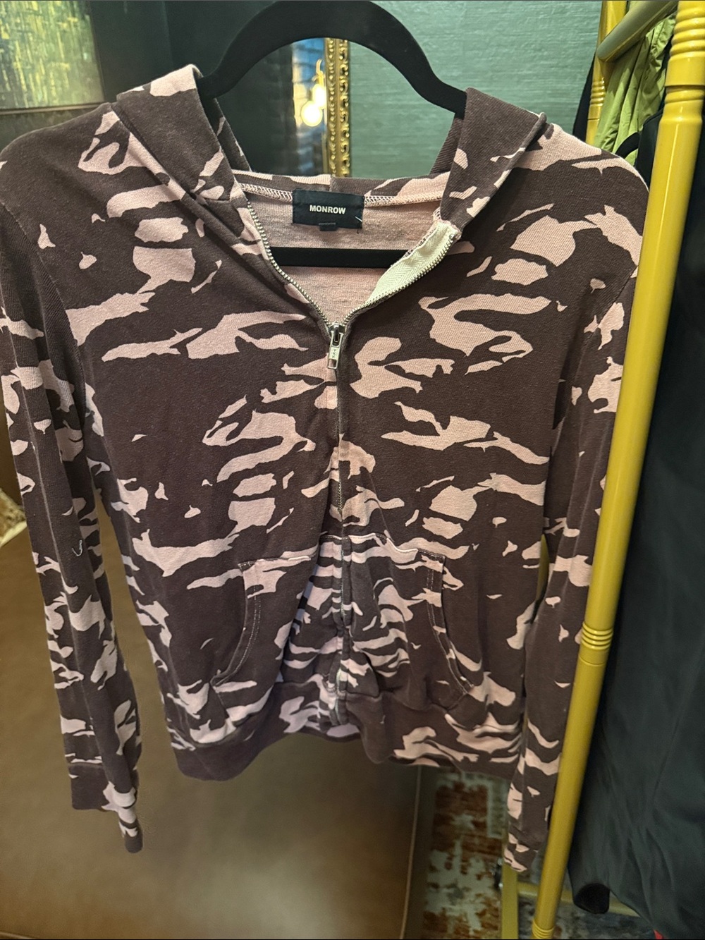 Monrow Pink and Brown Camouflage Zip Hoodie